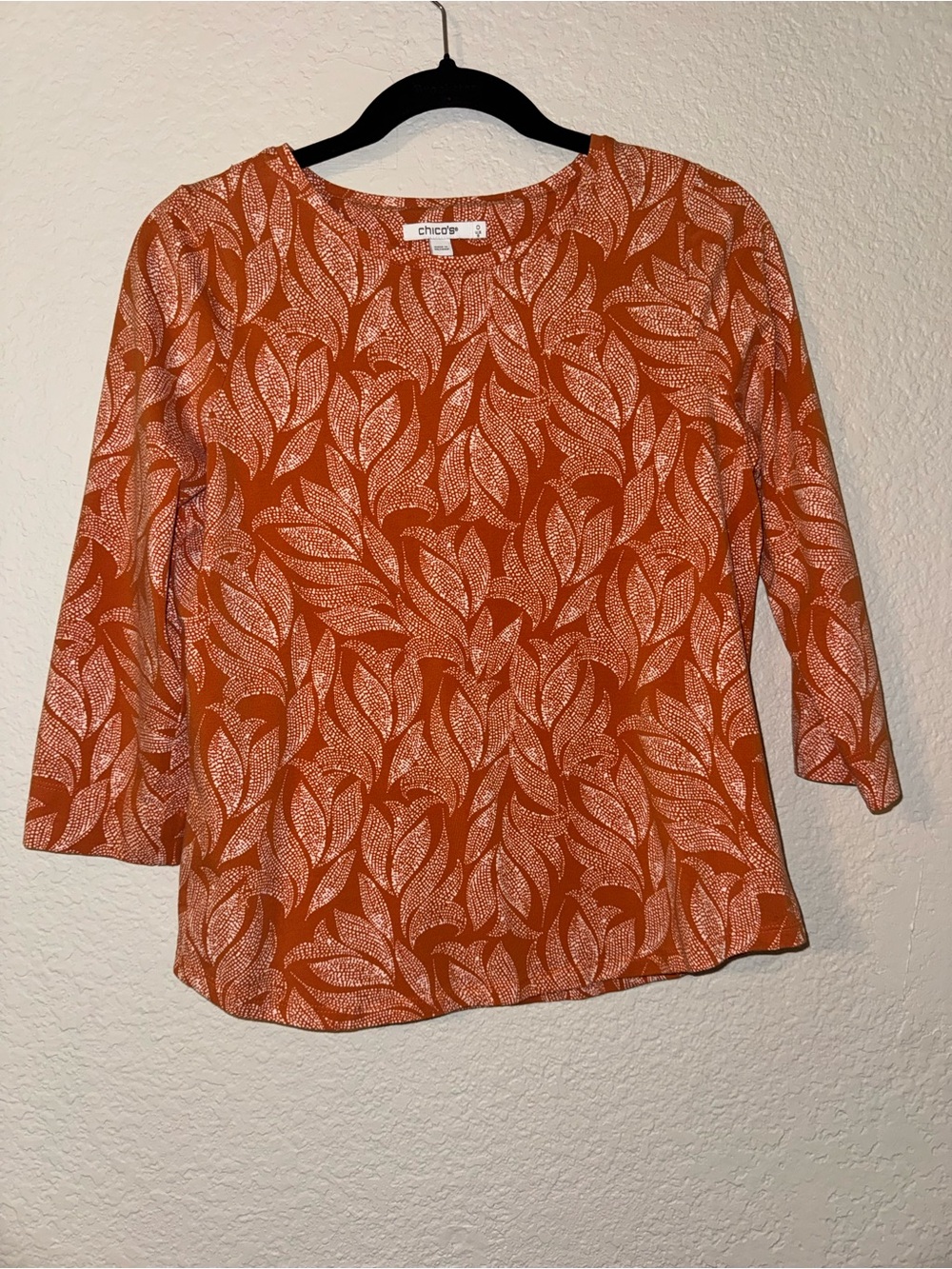 Chico's Burnt Orange Leaf-Print Long Sleeve Top